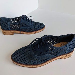 Vince Camuto Salisa Perforated Navy Blue Suede Cork Oxford Shoes Womens Size 5